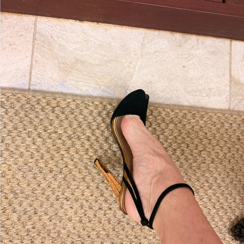 Gucci Black Suede and Gold Strappy Heels, 4 inch mirrored heel, peep toe. - Picture 9 of 12